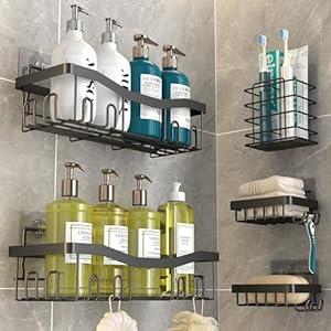 Adhesive Shower Caddy, No Drilling Bath Organizers 5 Pack, Rustproof Shelves with Soap Holder & Toothbrush Holder, Bathroom Organizers and Storage