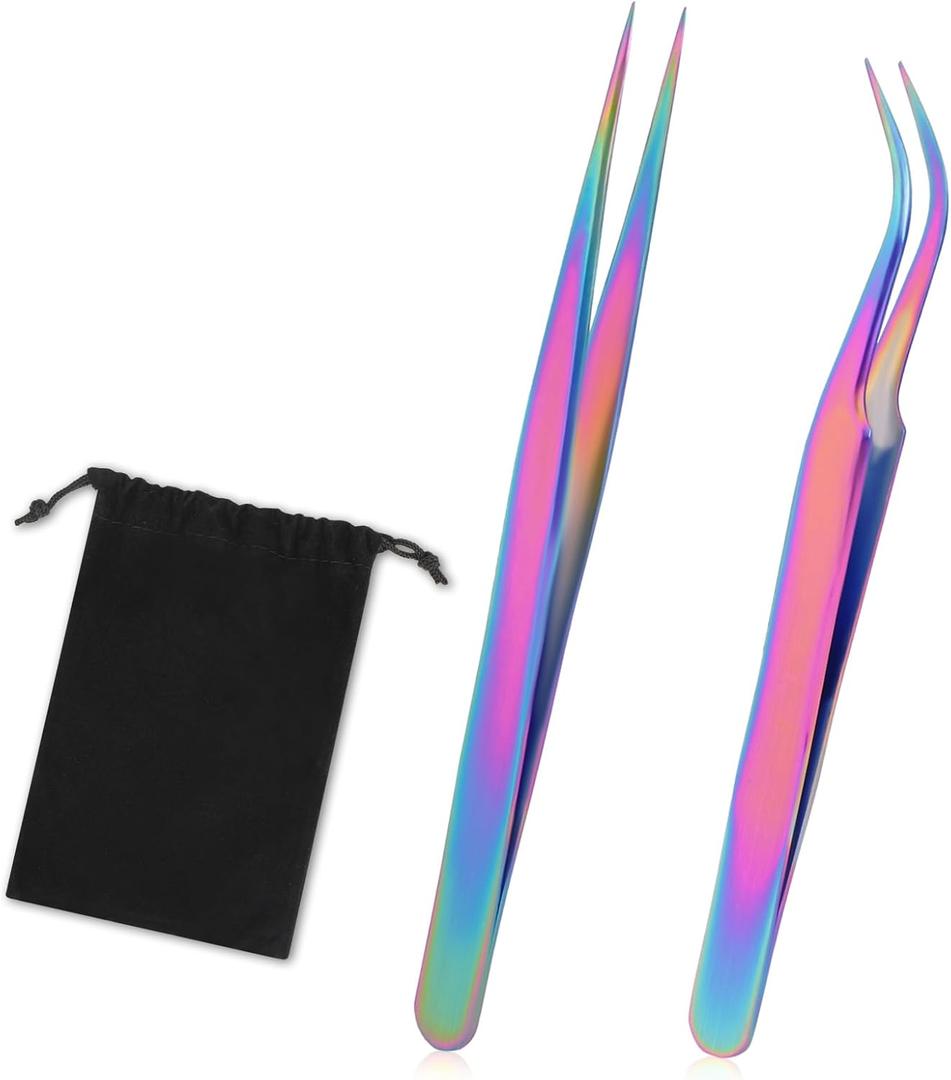 2pcs Precision Nail Art Eyelash Extension Tweezers - Stainless Steel False Lash Application Tools, Curved & Straight Tip