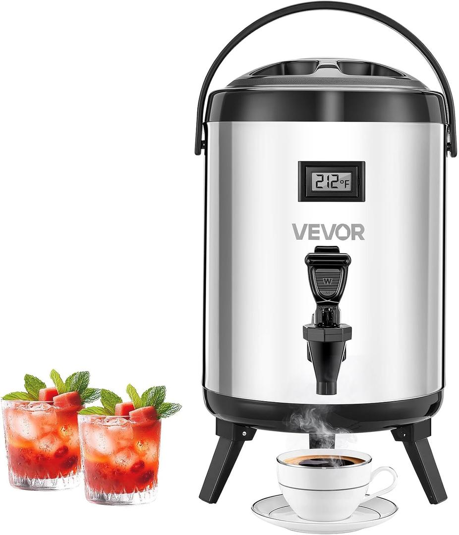 VEVOR Insulated Beverage Dispenser, 1.5 Gal/6L Stainless Steel Thermal Drink Server with Spigot & Temp Display, Suitable for Hot and Cold Drinks, for Tea Coffee Water in Cafes & Restaurants, Silver