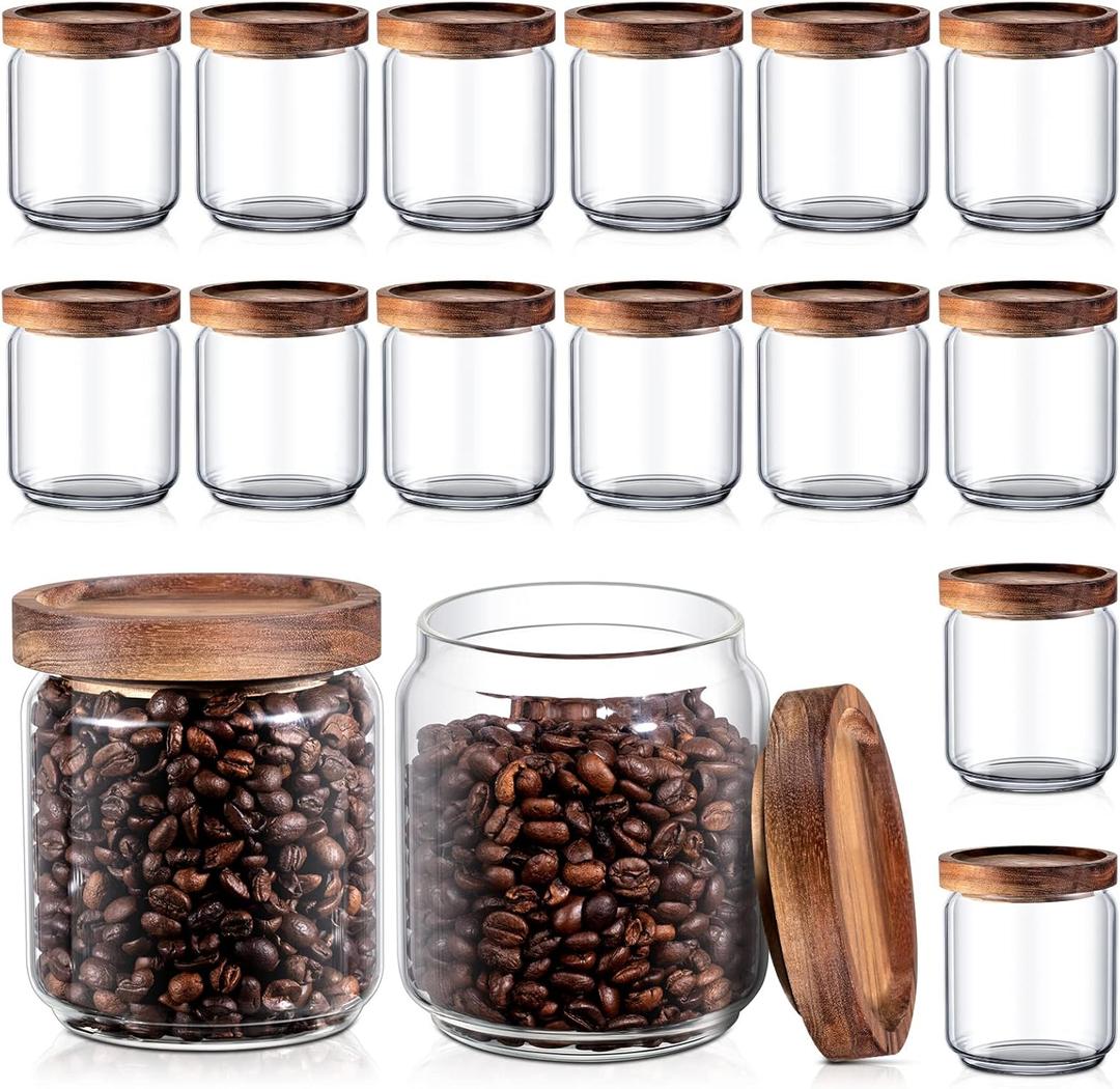 Irenare 16 Pcs Glass Containers Canister Set, 17 oz Food Storage Spice Jars with Airtight Lids, Clear Kitchen Containers for Coffee Sugar Tea Beans Nuts Candy Pantry Organization(Wood)