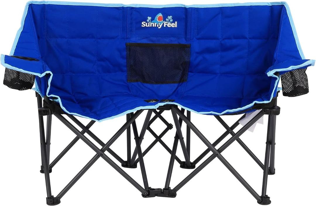 SUNNYFEEL Kids Folding Double Camping Chair, Portable Kids Camping Chairs 2 Seat Chair, Blue Padded Foldable Lawn Chairs with Cup Holder for Beach/Outdoor/Travel/Picnic, Foldable Camp Chairs 2 Person, Large