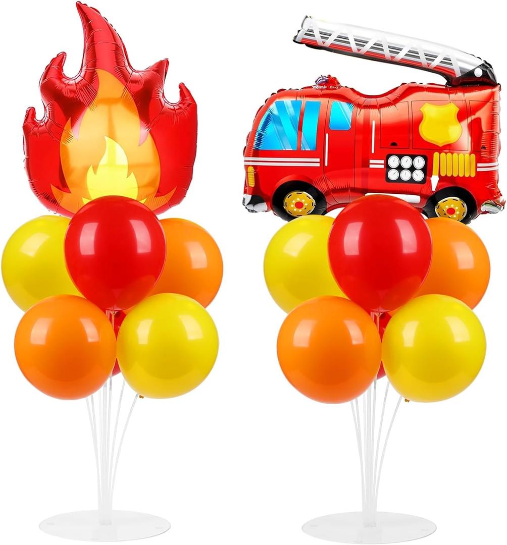 Fire Party Balloons Stand Kit 2 Sets with 2 Fire Truck Foil Balloons Fireman Firefighter Themed Party Balloon Centerpiece for Tables for Firefighter Rescue Birthday Party Decorations