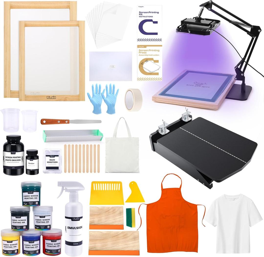 Caydo 59 Pieces All-in-One Screen Printing Kit with Screen Printer, 50W Exposure Screen Printing Light, Photo Emulsion Kit, Screen Printing Frames, Instructions