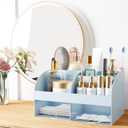 Makeup Organizer with Drawers, Cosmetic Storage for Dresser Vanity and Bathroom Countertop, Beauty Holder for Lipstick Brush, Skincare Organizer for Vanity, Cosmetic Display Case (Blue)