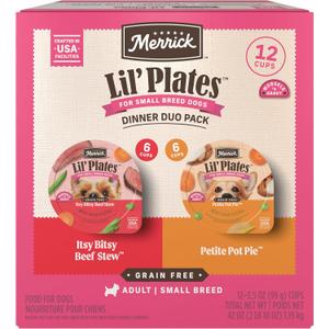 Merrick Lil Plates Grain Free Dinner Duos Soft Natural Wet Small Dog Food Variety Pack, Beef and Chicken - (Pack of 1) 2.6 lb. Tubs (EXP 10/01/26)