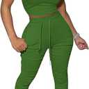 PINSV Women's 2 Piece Outfits Bodycon Lounge Wear Crop Top Stacked Pants Going Out Jogging Tracksuit Sets (Green, M)