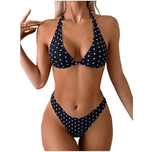 WDIRARA Women's Polka Dots Bikini Set Swimsuit 2 Piece Bathing Suit | Halter Triangle, Small