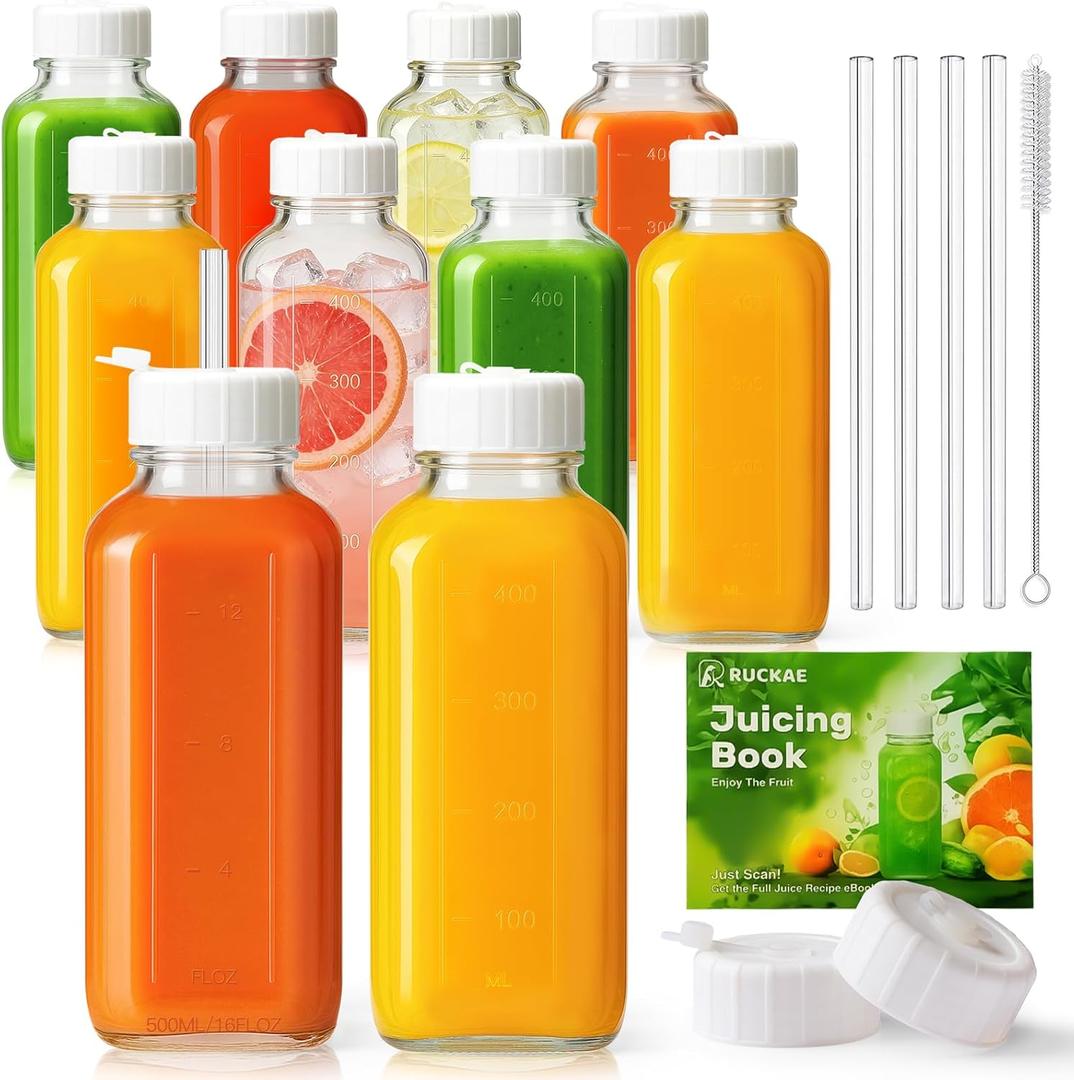 Ruckae 16oz 10 Pack Glass Juice Bottles with Hole Lids - Reusable Square Glass Juice Bottles with Leak-Proof Lid & Capacity Marks for Containers Juicing,Milk,Smoothies