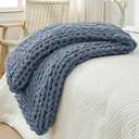 Bigacogo Chunky Knit Throw Blanket for Couch, 40x60 inches, 100% Hand Knitted with Thick Jumbo Chenille Yarn, Cozy Soft Large Rope Knot Cable Crochet Blankets for Sofa Bed Living Room, Cold Sea Blue