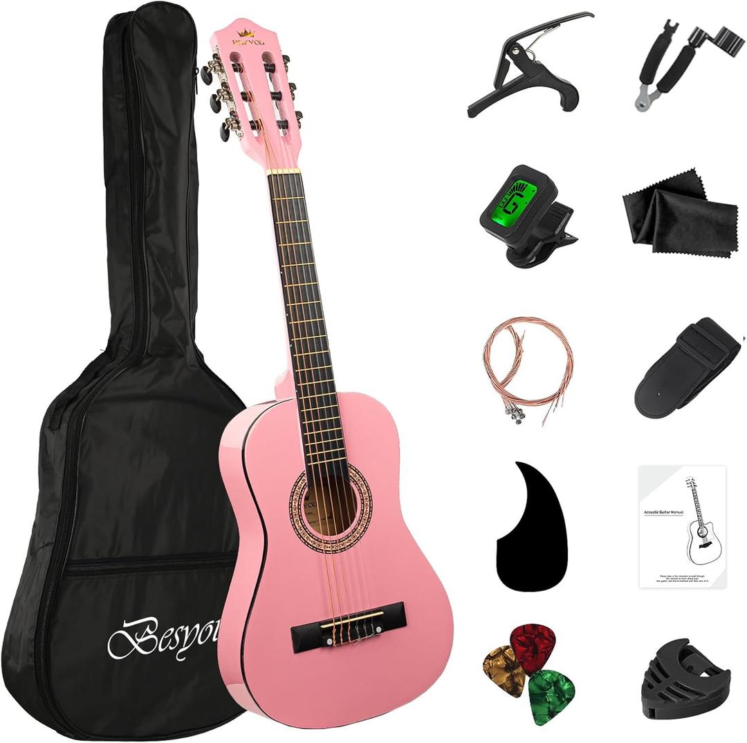 30in Beginner Acoustic Guitar Basic Starter Kit Tuner Bag Capo Strings Winders Strap Picks Student/Kids Guitar Pickguard with Gig Bag Pink