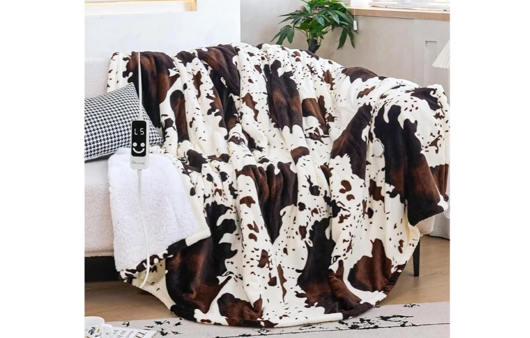 Electric Heated Blanket Heating Blanket Cow Print Throw 50INx60IN Winter Warm Blanket Gift 5 Heat Levels & 12 Hours Auto-Off, Cozy Soft Fleece Sherpa, Machine Washable ETL&FCC Certificated