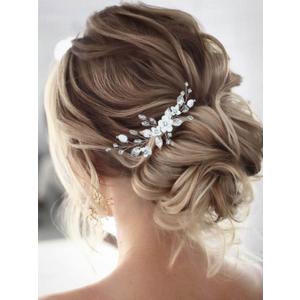 Unicra Bride Silver Wedding Hair Comb Flower Bridal Side Comb Sparkly Crystal Hair Piece Leaf Hair Accessorie for Women and Girls
