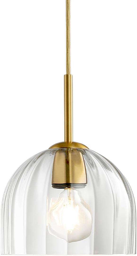 Modern Pendant Light Kitchen Island, Nordic Boho Dome Chandelier, 7.86" Bell Lamp Shape Hanging Ceiling Lighting Fixture with Clear Striped Glass Lampshade Dining Room, 20cm