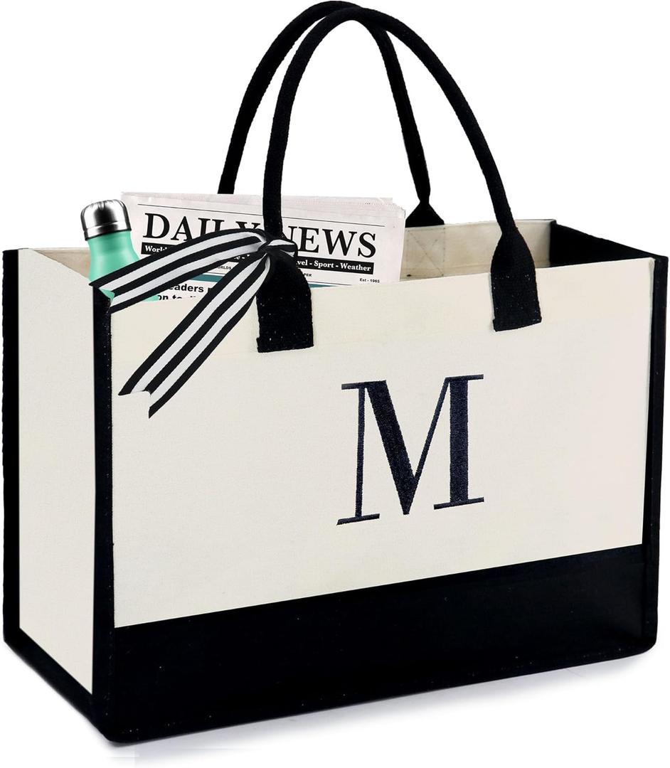 BeeGreen Embroidery Monogram Initial Tote Bag for Women Teacher Mom Friend Personalized Gift for Birthday Beach Work Wedding (Natural & Black)