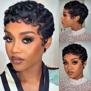 Pixie Cut Wig Human Hair 100% Brazilian Virgin Human Hair Wigs for Black Women Glueless Short Layered Pixie Cut Wig With Bang Natural Black Color Short Curly Wave Wigs for Daily Use