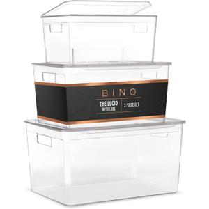 BINO 3-Piece Plastic Organizer Bins with Lids Set - Clear | THE LUCID COLLECTION | Stackable Storage Organizer | Office Kitchen & Bedroom | Bin for Clothing Books Makeup & Toys