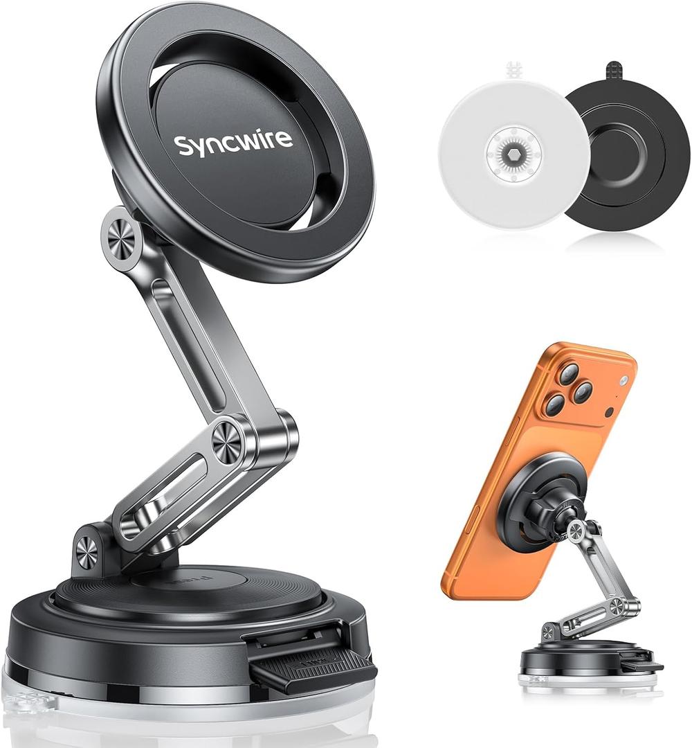 SYNCWIRE for MagSafe Car Mount [3-Axis Adjustable], Vacuum Magnetic Phone Holder with Replaceable Suction Cup Dashboard/Windshield, 360 Rotation & Foldable, for iPhone 17-12 Pro Max Plus (Black)