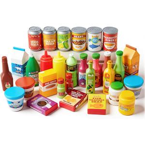 JOYIN 30Pcs Play Food Grocery Cans, Play Kitchen Accessories, Includes Drink, Juice, Jar, Seasoning, Water Bottle, Sauce, Yogurt, Ice Cream, Snack Box, Kids Gifts & Indoor Toys