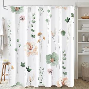 Gibelle Watercolor Floral Shower Curtain, Sage Green Beige Flower Shower Curtain for Bathroom, Modern Minimalist White Waterproof Fabric Shower Curtain Set with Hooks 72x72 Inch