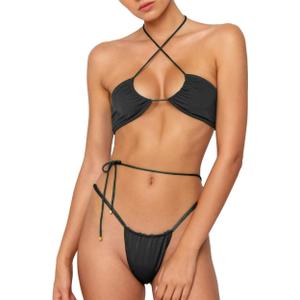 Women Cheeky Bikini Set Halter Thong Solid Color Adjustable Cinched String Two Piece Brazilian Swimsuit Triangle Bathing (S)