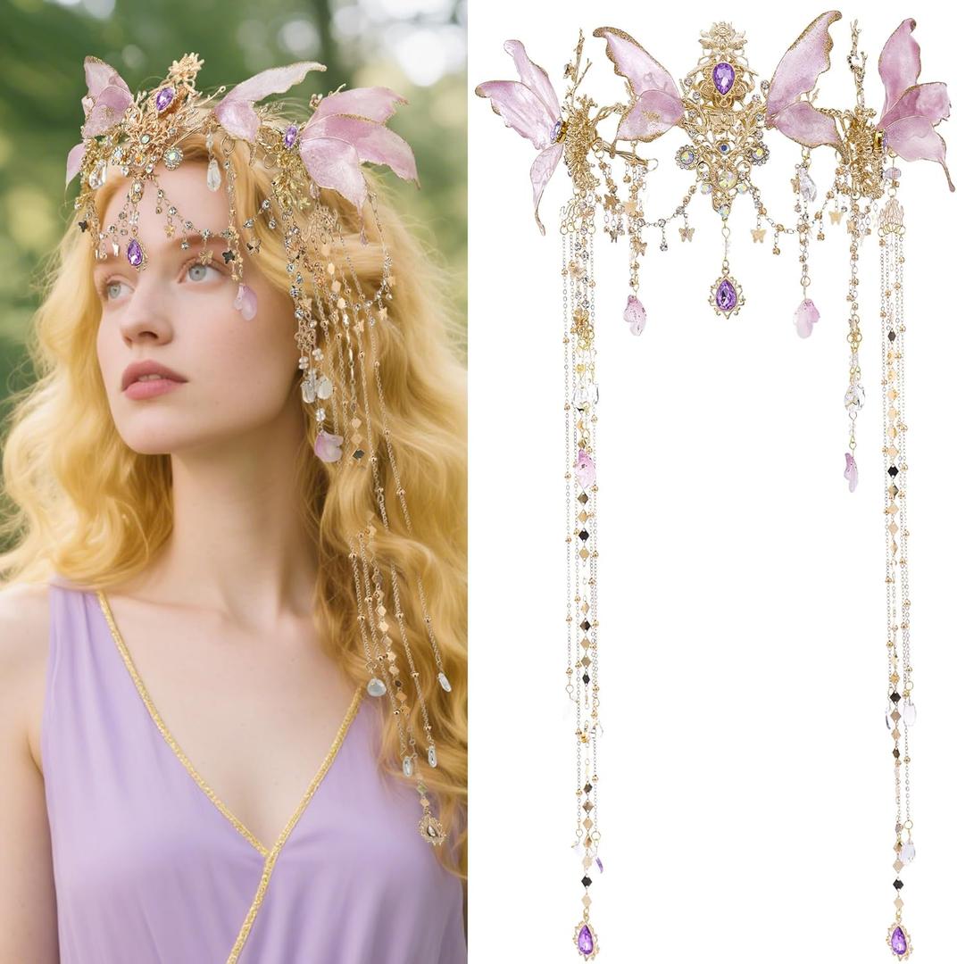 FRESHME Renaissance Elf Fairy Crown - Fairy Headband with Purple Butterfly Wings Elf Headpiece with Tassel Elven Tiara Wedding Renfaire Dress Up Cosplay Christmas Accessories for Women