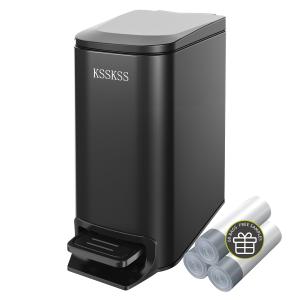Small Bathroom Trash Can with Soft Close Lid, 6L / 1.6 Gallon Stainless Steel Garbage Can with Removable Inner Bucket, Step Pedal, Slim Wastebasket for Bedroom, Home Office (Matt Black)