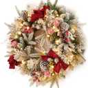 Pre-lit Snow Christmas Wreath with Red Balls,Berries and Bows,24 Inch 50 Battery Operated LED Lights,Holiday Decoration for Front Door Outdoor