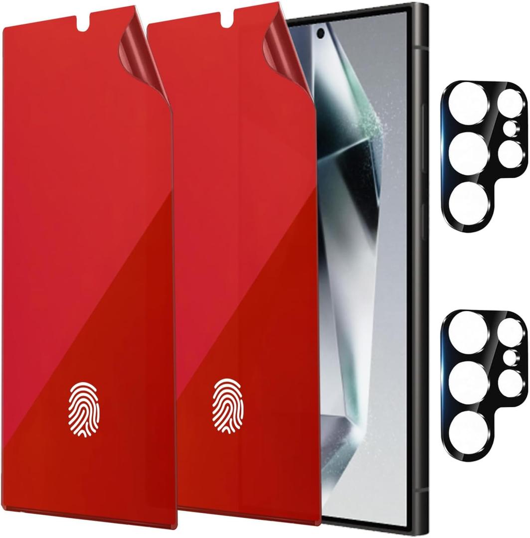 2 Pack Anti-Blue Privacy Screen Protector for Samsung Galaxy S24 Ultra Anti-Spy Soft Red Film Support Finger Unlock 6.8 inch + 2 Pack Camera Lens Glass Protector