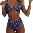 geluboao Bikini Set for Women Solid V Neck Knot Front Push Up High Leg Thong Two Piece Swimsuit (Small, Navy Polka Dot)