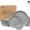 Grow Forward 24-piece Premium Wheat Straw Dinnerware Sets for 8 - Unbreakable Dishwasher & Microwave Safe Plastic Plates and Bowls Sets - Patio, Outdoors, RV, Camping Dishes - Feather