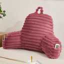Faux Fur Fluffy Dusty Rose Reading Pillow with Pockets, Luxury Striped Plush Decorative, Arm Rests and Back Support for Bed Rest, Lounging on Sofa, Extra Large Size for Adult.