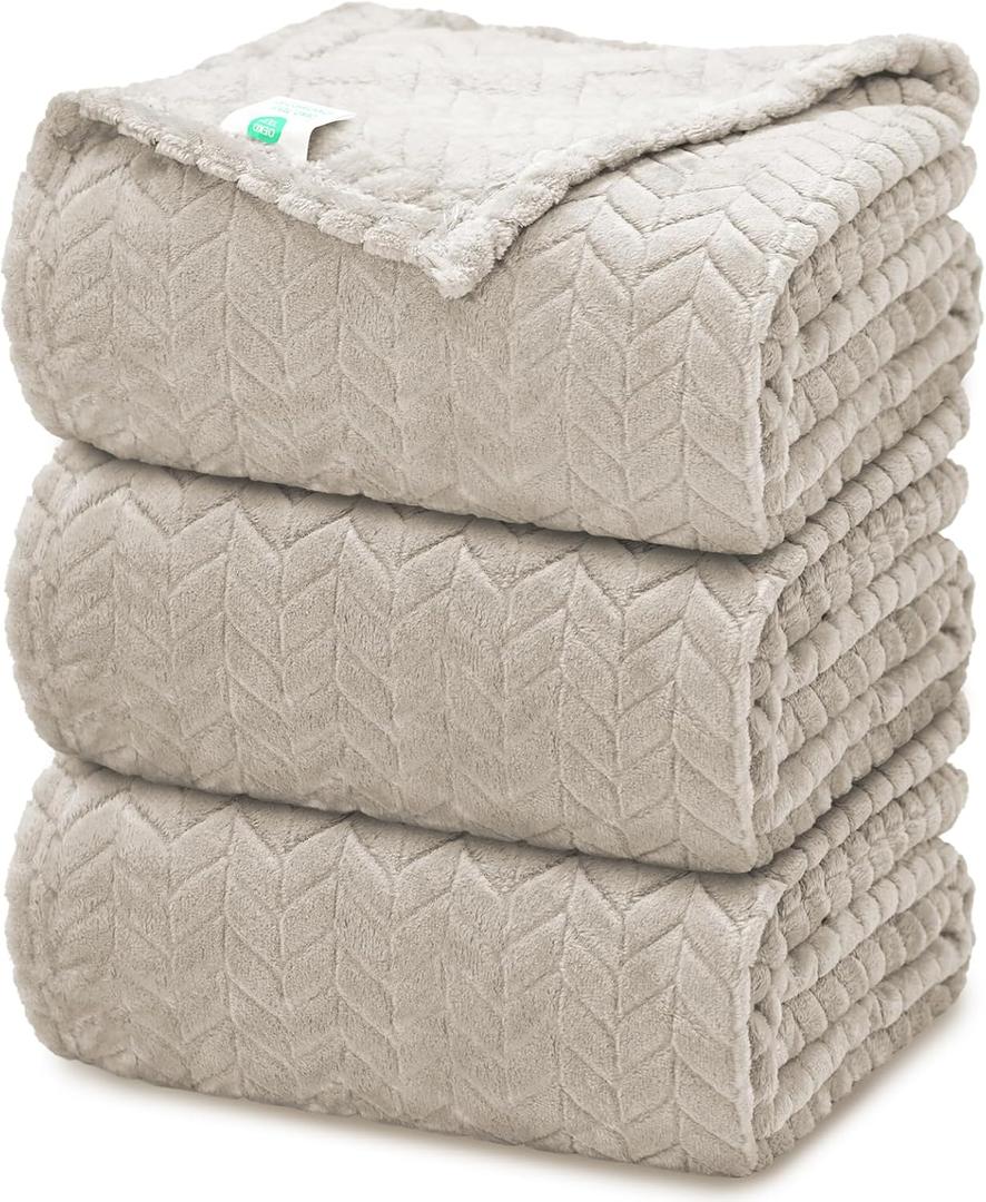 3 PC Flannel FleeceThrow Blanket, 50"x70" | 300GSM Soft Blankets for Couch Bed, No Shedding No Pilling Wedding Decorative Throw, Machine Washable (Beige)
