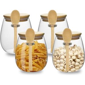 Glass Storage jars with Bamboo Lids and Spoon -28 oz Airtight Storage Containers Glass jar,Wide Mouth,Leak-Proof,Comes Suitable for Coffee Beans, Tea Leaves,Grains, Dried Fruits (Middle4PCS)