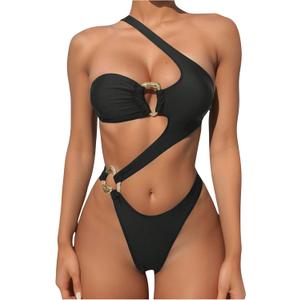 OYOANGLE Women's Ring Linked Cut Out One Shoulder One Piece Swimsuit High Cut Bathing Suits (Black, S)