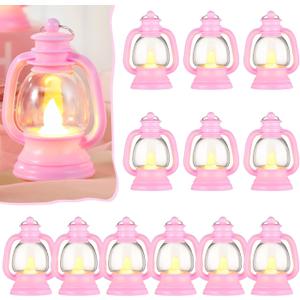 12 Pcs Mini Lantern Decor 4 Inch Western Lantern Table Centerpiece Small Vintage Camping Hanging Lamp Ornaments Bulk for Cowboy Cowgirl Wedding Halloween Christmas (4 Inch,Pink)