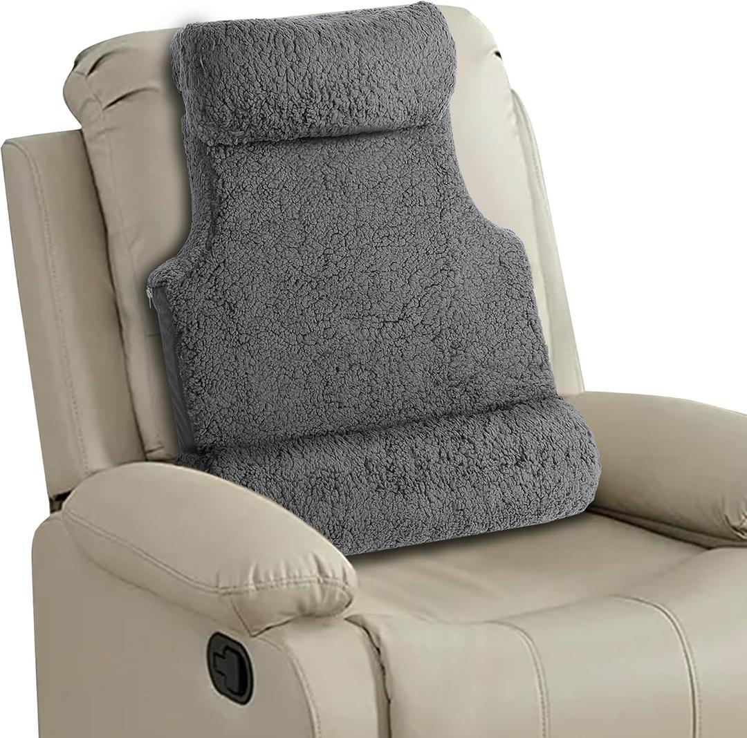 Gyrucio 3-in-1 Lumbar Support Pillow with Headrest for Recliner, Memory Foam Back Cushion Set with Adjustable Side Bolster for Targeted Lower Back Pain Relief, Plush Sherpa Fleece Cover, Grey