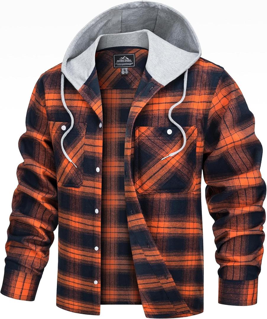 TACVASEN Men's Flannel Long Sleeve Hoodie Plaid Shirts Lightweight Cotton Button Down Casual Shirts with Pocket