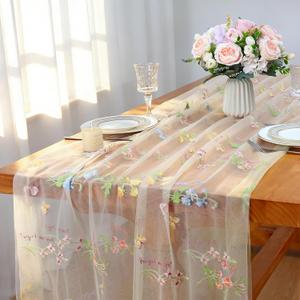 LOMOHOO Champagne Gauze Table Runner with Embroidery Wild Flowers, 30x120in 10ft Floral Seasonal Sheer Table Runners for Dining Holiday Wedding Birthday Baby Shower Table Decor DIY Craft (1pcs)