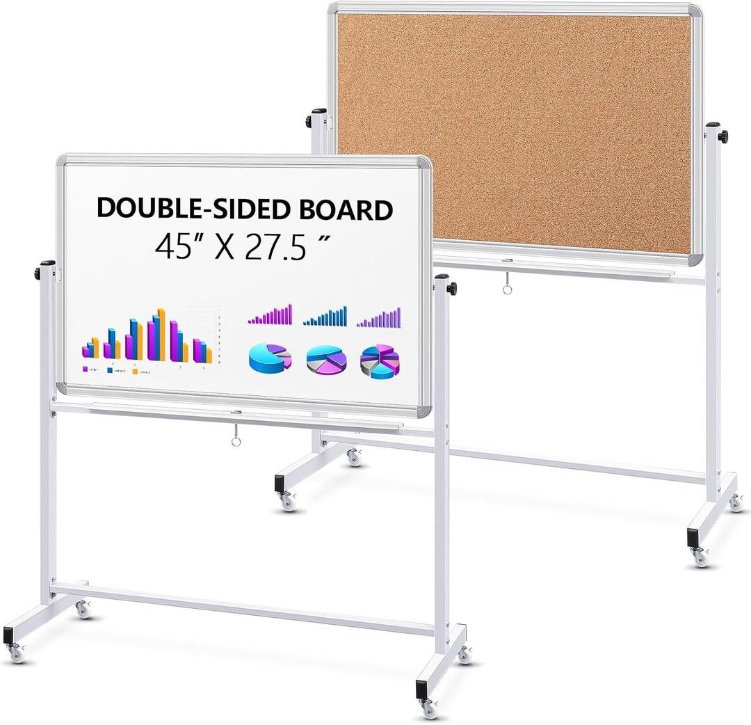 Eersida Rolling Whiteboard on Wheels, Double-Sided Magnetic Dry Erase Board with Cork Board, Adjustable Height Mobile Whiteboard for Office, Classroom, Home Presentation(45''X 27.5'')