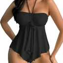 SOLY HUX Tankini Swimsuits for Women Drawstring Halter Bikini Two Piece Bathing Suits (Solid Black, XL)