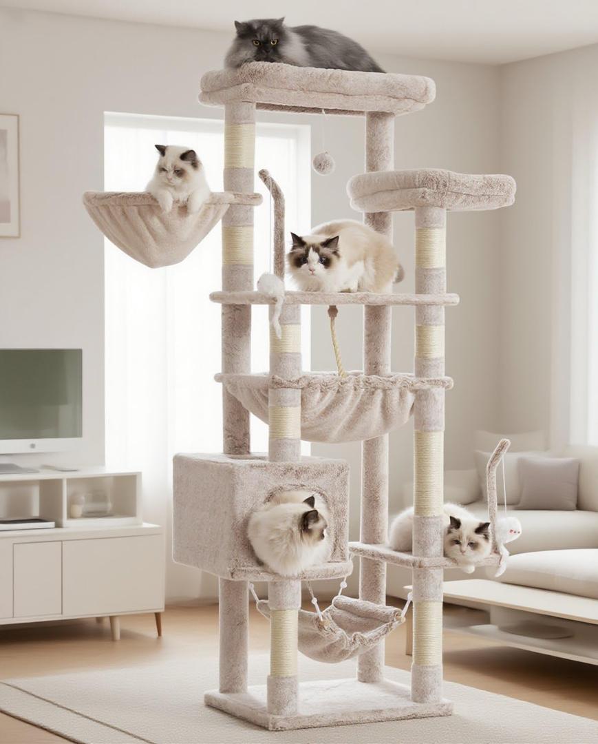Gitelsnour Cat Tree, Cat Tower for Large Cats with 2 Big Platforms, 2 Baskets, condo and Toys, 63" Cat Scratching Posts for Indoor Cats, Muchroom GCT020MU