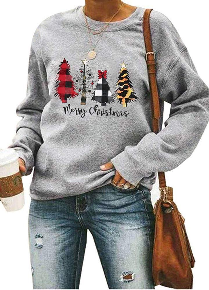 ASTANFY Merry Christmas Sweatshirt for Women Drop Shoulder Long Sleeve Christmas Tree Pullover Lightweight Shirt (M)