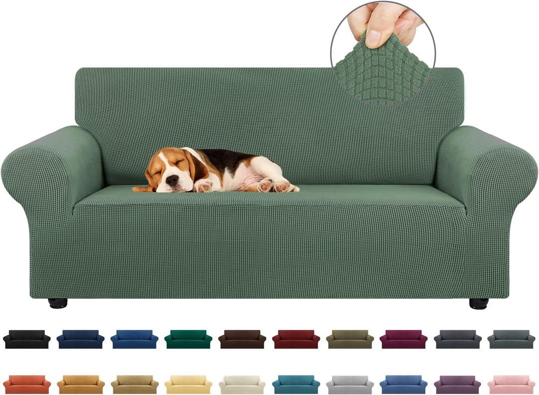 KEKUOU Stretch Loveseat Sofa Cover Slipcover, Couch Covers for 2 Cushion Couch Sofa (55"-78") Furniture Protector Sofa with Elastic Bottom for Kid,Dog. Jacquard Small Checked (Medium, Greyish Green)