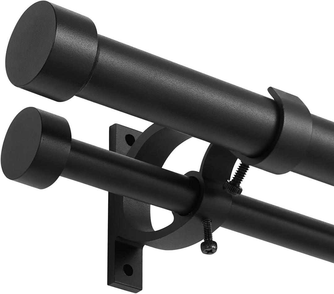 Matte Black Double Blackout Curtain Rods 72 to 144 Inches (6-12 Feet),1-Inches Front and 5/8 Inches Back Adjustable End Cap Double Window Drapery Rod for Drapes and Curtains