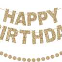GCQQ Champagne Gold Happy Birthday Banner - Pre-Strung Glitter Gold 3M Pre-Strung Letter Banners + 2.5M Dot Garland Birthday Party Decorations for Women, Bridal Shower, Baby Shower & Anniversary