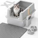 Stainless Steel Cat Litter Box - Enclosed XL Metal Kitty Litter Box with Lid for Big Cats, High Sided, Anti-Leakage, Easy Cleaning, Non-Sticky, Included Litter Mat, Cat Bowl & Spoon