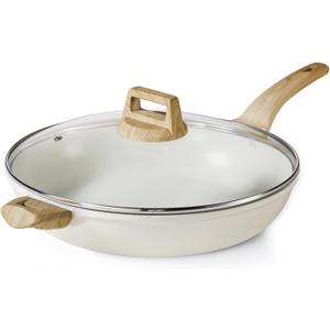 CAROTE 12.5 Inch Non Stick Frying Pan with Lid,White Granite Nonstick Skillet Omelet Pans, Egg Pan Granite Cookware, PFOS & PFOA Free, Pink