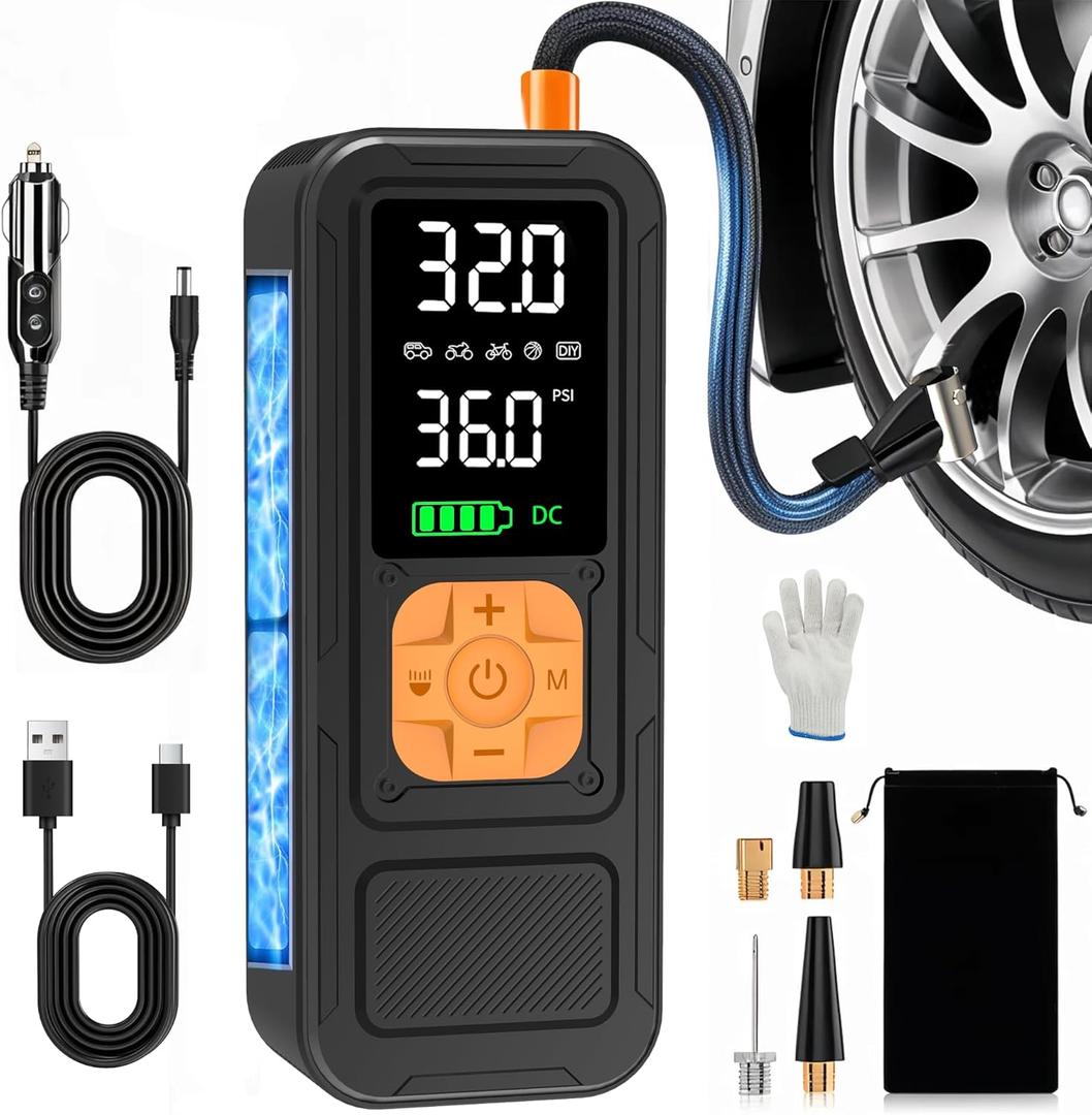 Calmara Y34 Tire Inflator Portable Air Compressor,4X Faster Inflation,6000mAh Cordless/12V DC 150PSI Air Pump for Car Tires with Digital Pressure Gauge/LED Light for Car,Motorcycle,Bike,Ball (Orange)