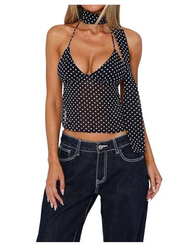 SOLY HUX Women's Polka Dots Halter Tops Y2k Sleeveless Tie Backless Cami Tops with Scarf Going Out Clubwear Black and White Polka Dots Large