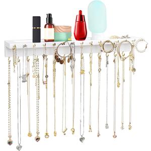 YYILIS Necklace Holder, Upgraded Extra Large Wall Necklace Organizer with 30 Hooks Wall Mounted Necklace Hanger with Jewelry Tray/Cosmetics Shelf Rustic Pine Wood Holder (White)